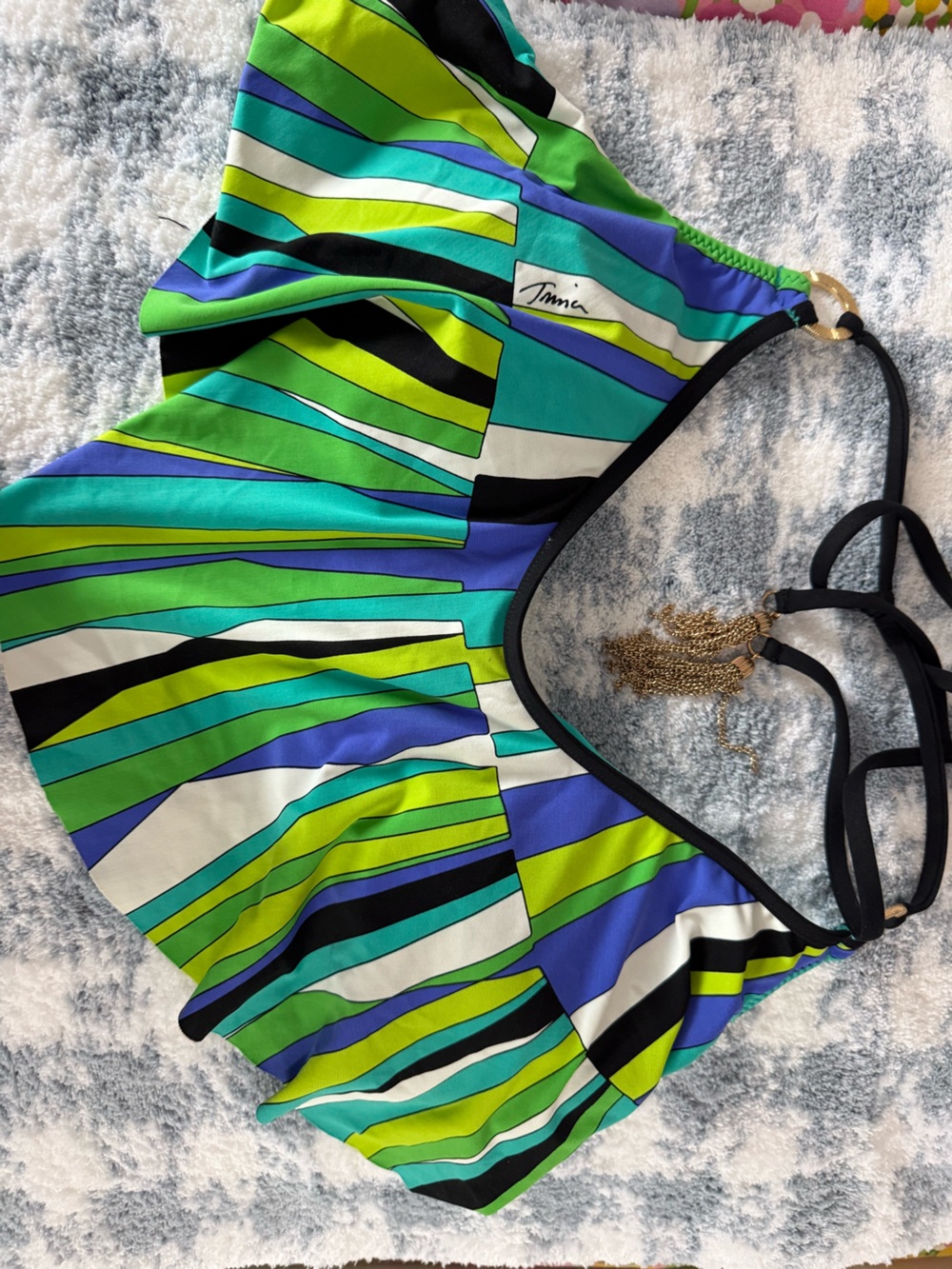 Trina Turk Blue Green Lime Striped Bikini Top with Black Trim